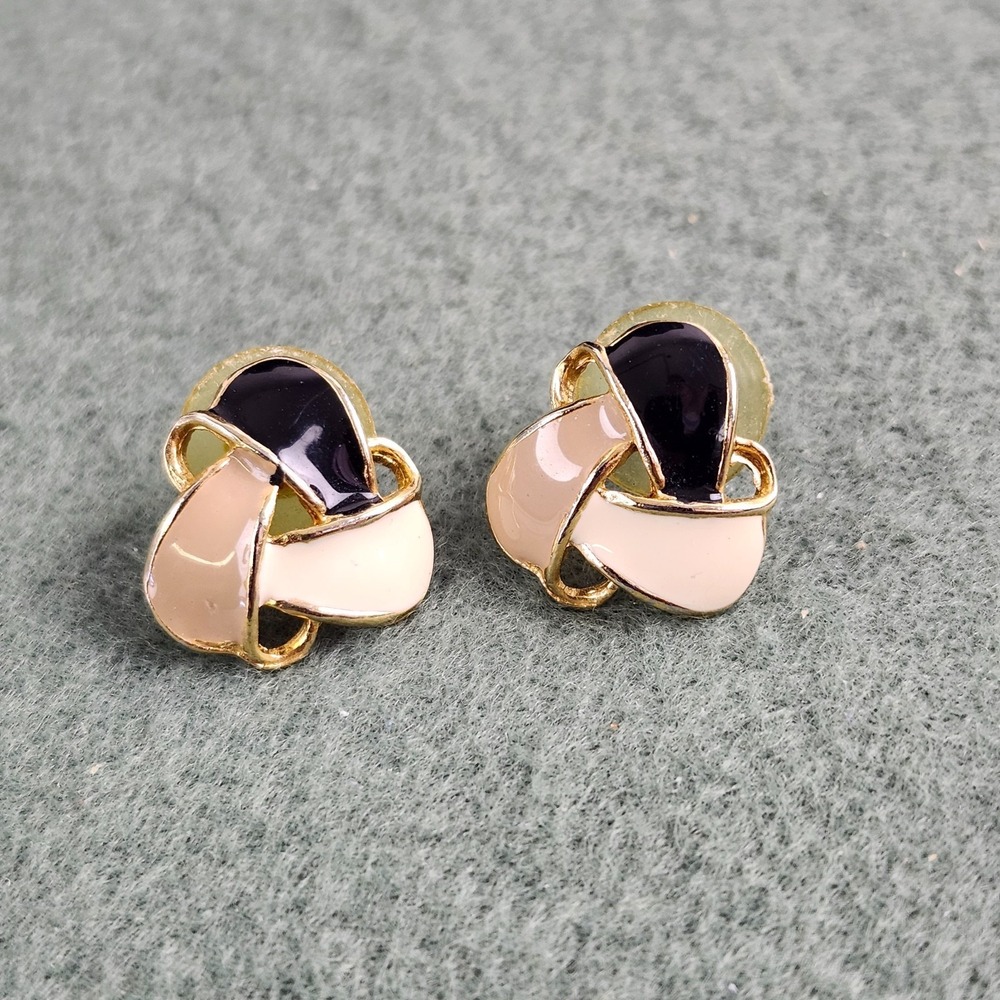 Cute Gold Tone Black White Beige Enamel Stud Knot Earrings Swirl 1"